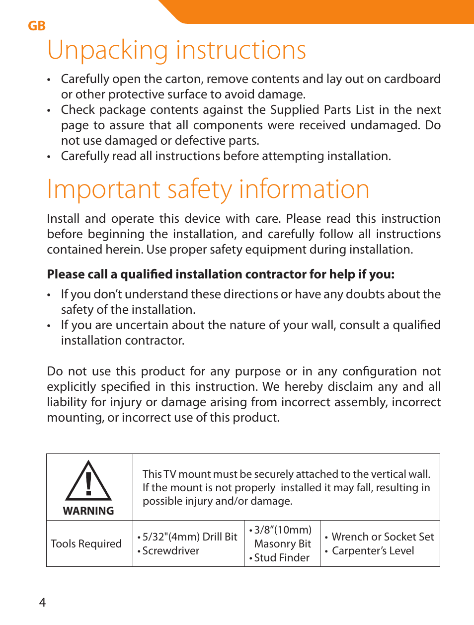 Unpacking instructions, Important safety information | Acme LCD105 User Manual | Page 4 / 66