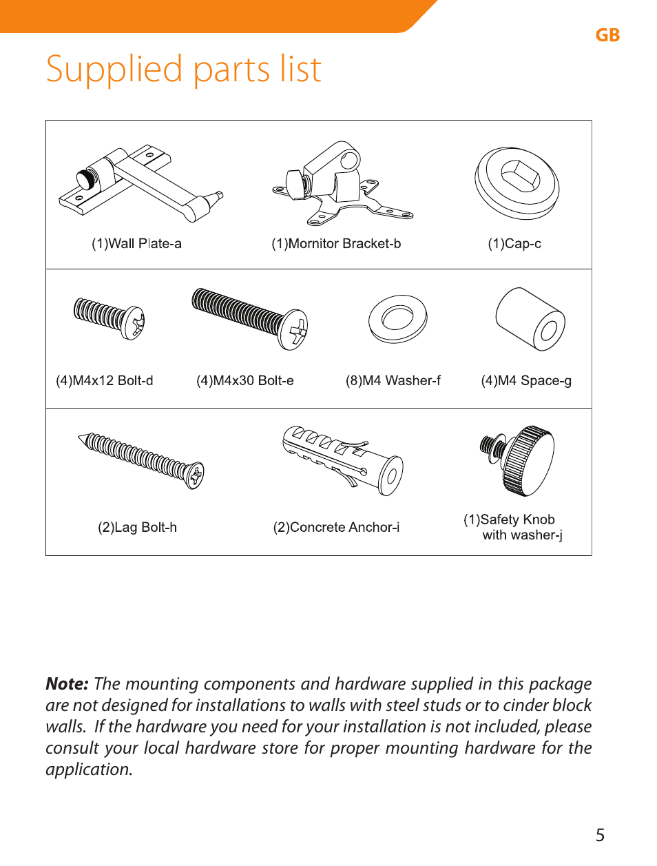 Supplied parts list | Acme LCD105 User Manual | Page 5 / 66