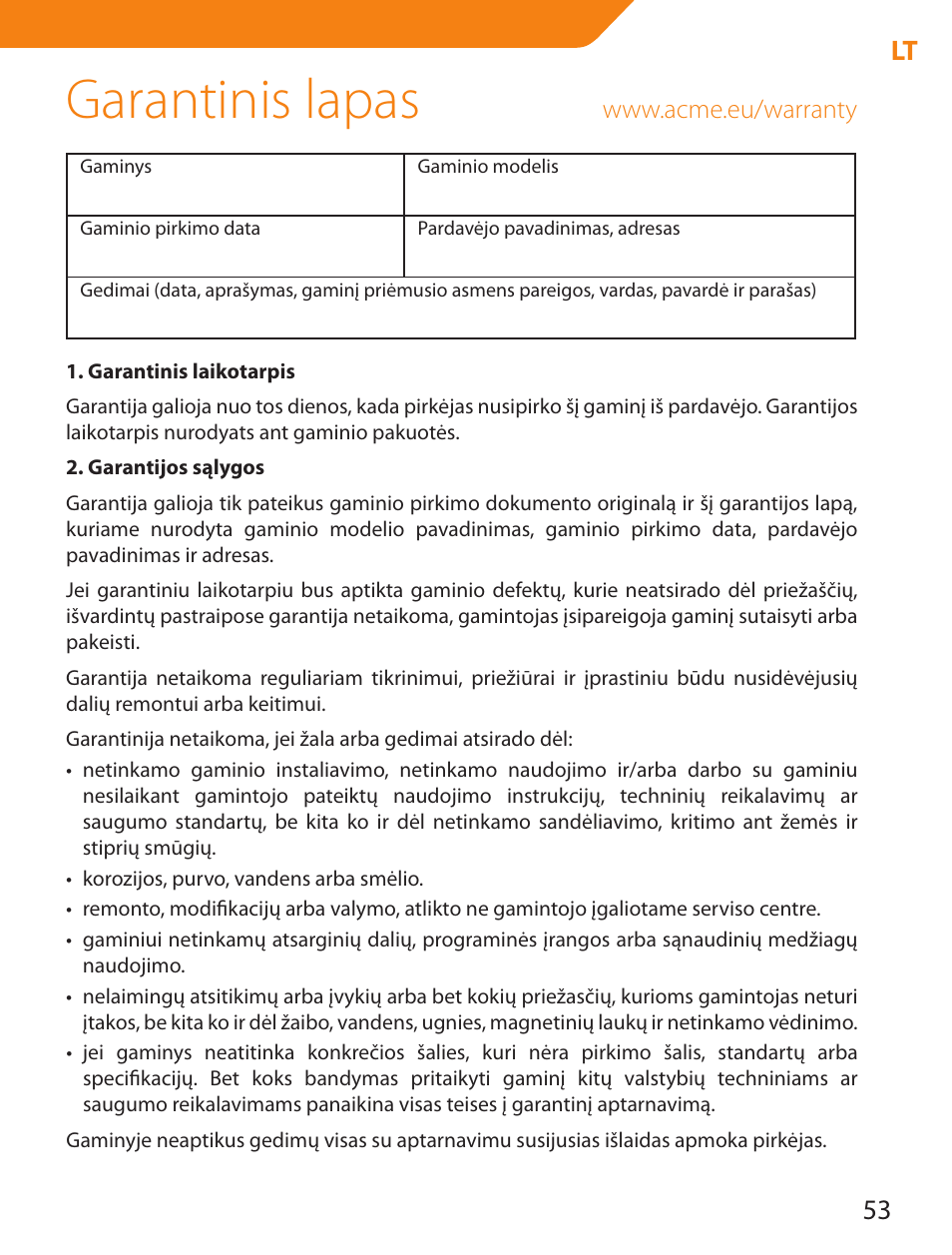 Garantinis lapas, 53 lt | Acme LCD105 User Manual | Page 53 / 66