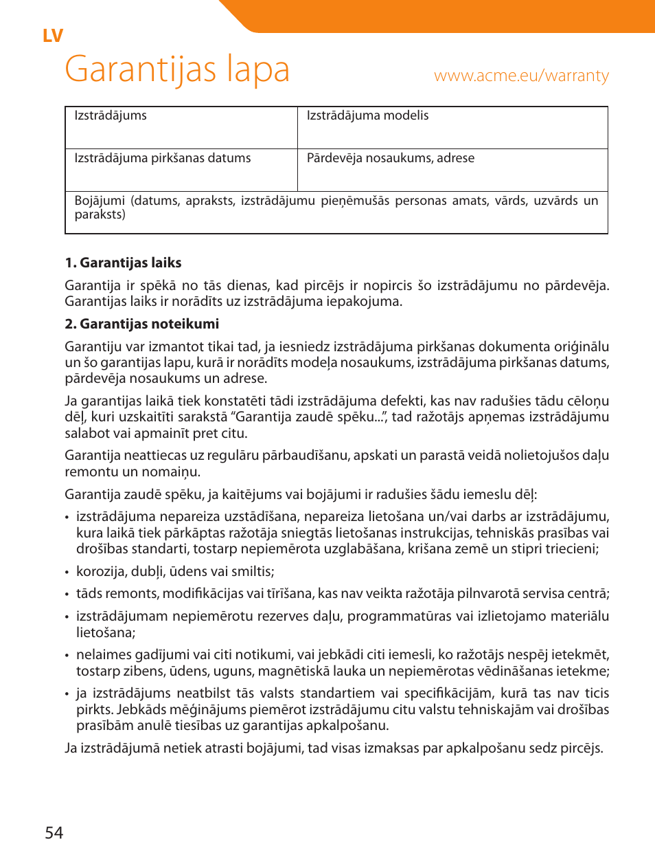 Garantijas lapa | Acme LCD105 User Manual | Page 54 / 66