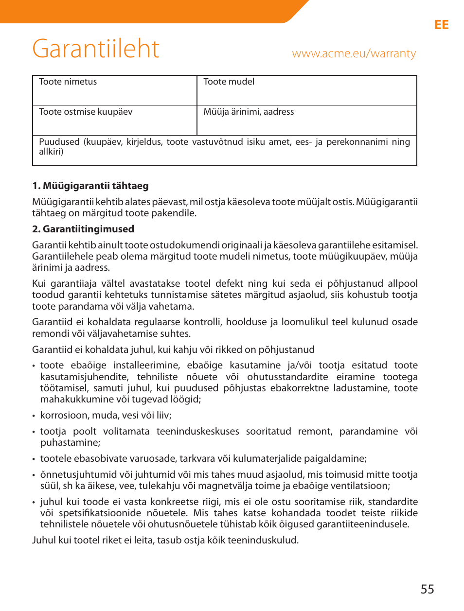 Garantiileht, 55 ee | Acme LCD105 User Manual | Page 55 / 66