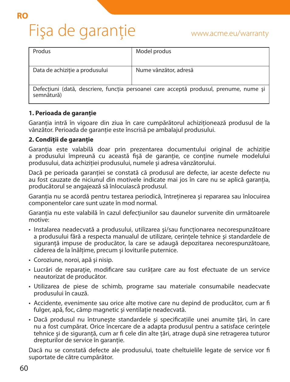 Fişa de garanţie | Acme LCD105 User Manual | Page 60 / 66