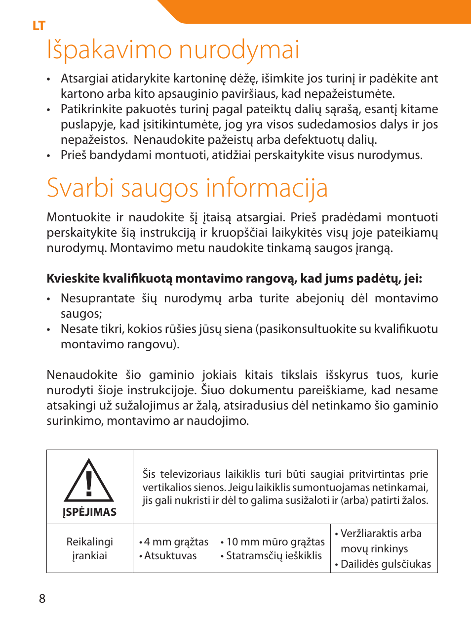 Išpakavimo nurodymai, Svarbi saugos informacija | Acme LCD105 User Manual | Page 8 / 66