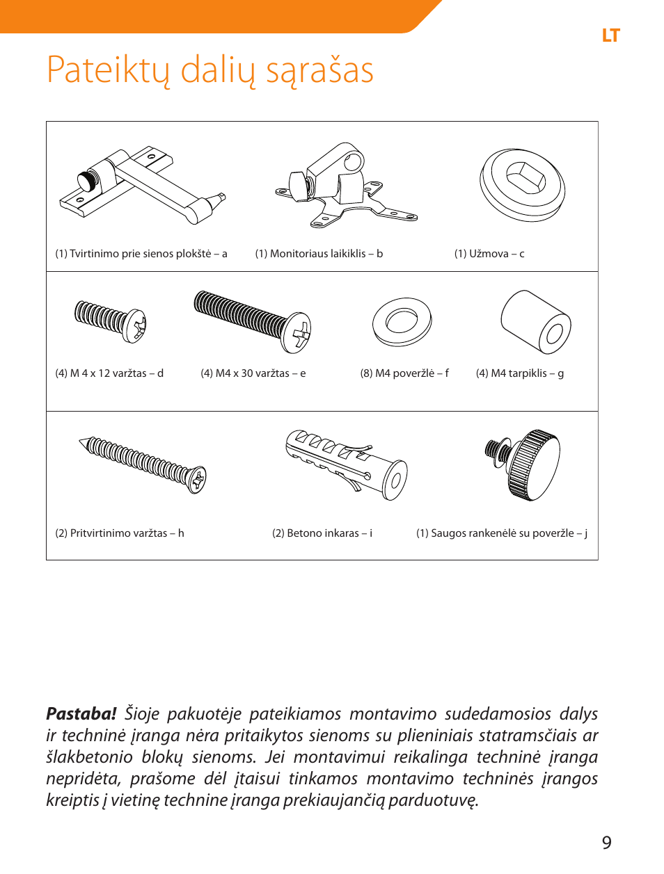 Pateiktų dalių sąrašas | Acme LCD105 User Manual | Page 9 / 66