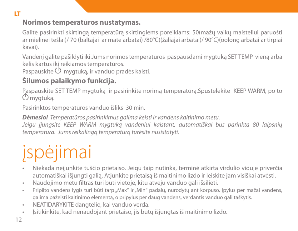 Įspėjimai | Acme KA300 User Manual | Page 12 / 76