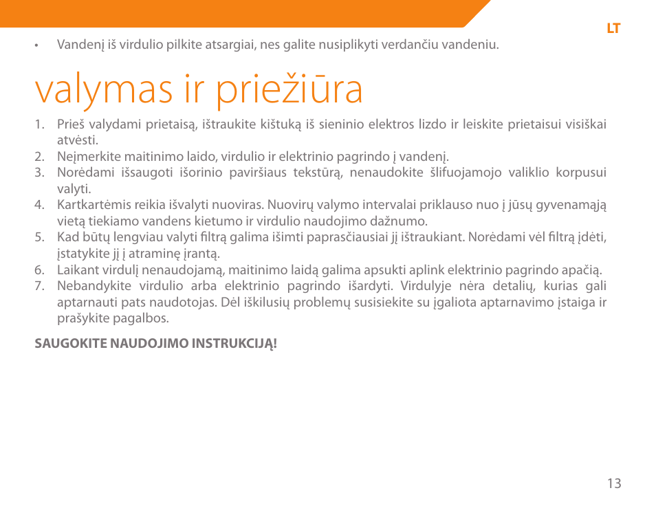 Valymas ir priežiūra | Acme KA300 User Manual | Page 13 / 76