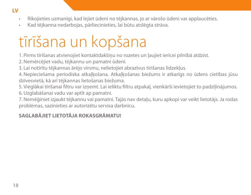 Tīrīšana un kopšana | Acme KA300 User Manual | Page 18 / 76