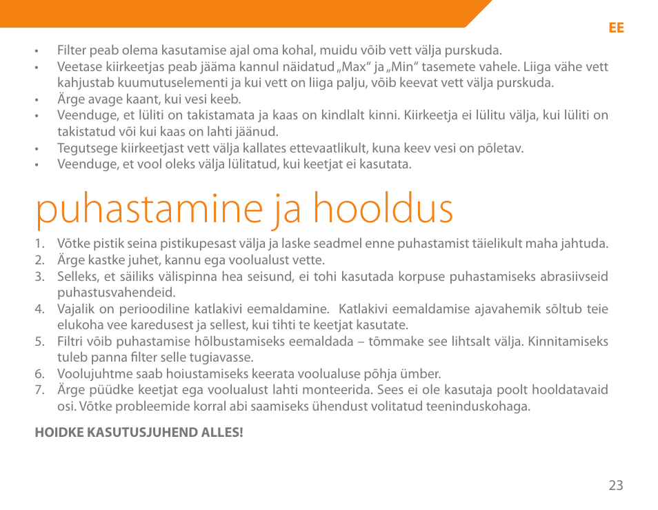 Puhastamine ja hooldus | Acme KA300 User Manual | Page 23 / 76