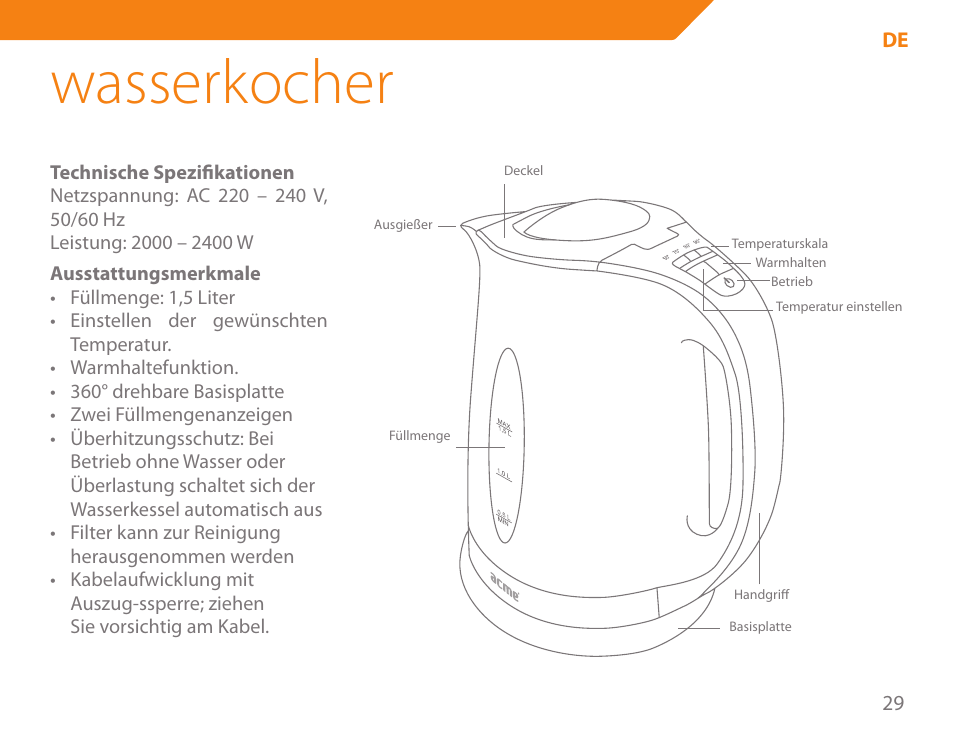 Wasserkocher | Acme KA300 User Manual | Page 29 / 76