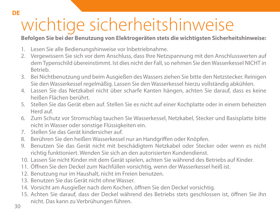 Wichtige sicherheitshinweise | Acme KA300 User Manual | Page 30 / 76