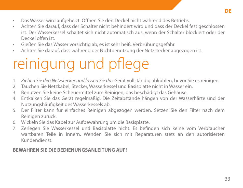 Reinigung und pflege | Acme KA300 User Manual | Page 33 / 76