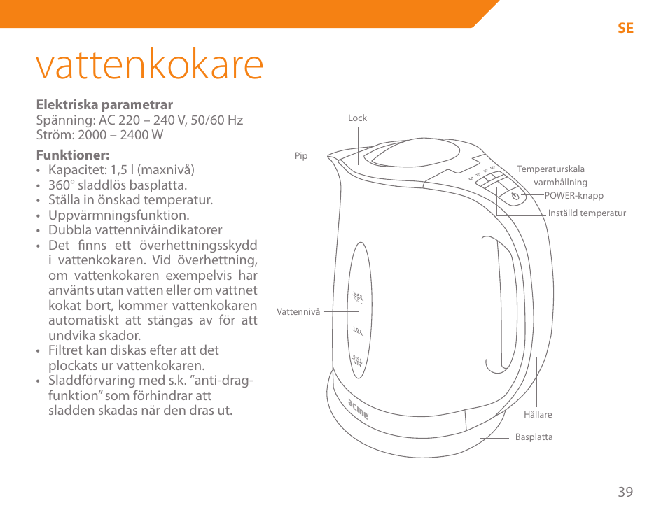 Vattenkokare | Acme KA300 User Manual | Page 39 / 76