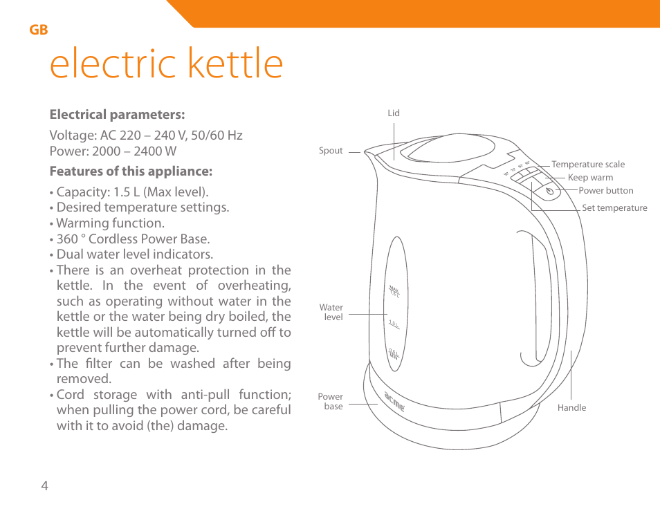 Electric kettle | Acme KA300 User Manual | Page 4 / 76