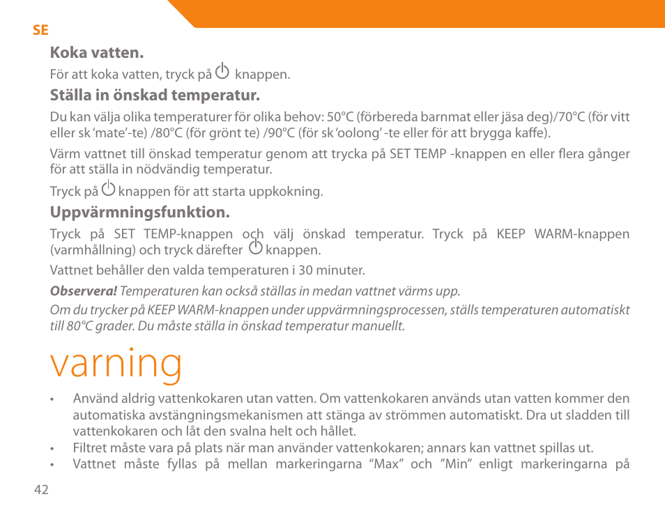 Varning | Acme KA300 User Manual | Page 42 / 76