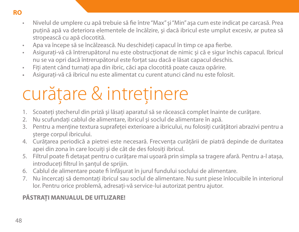 Curăţare & intreţinere | Acme KA300 User Manual | Page 48 / 76