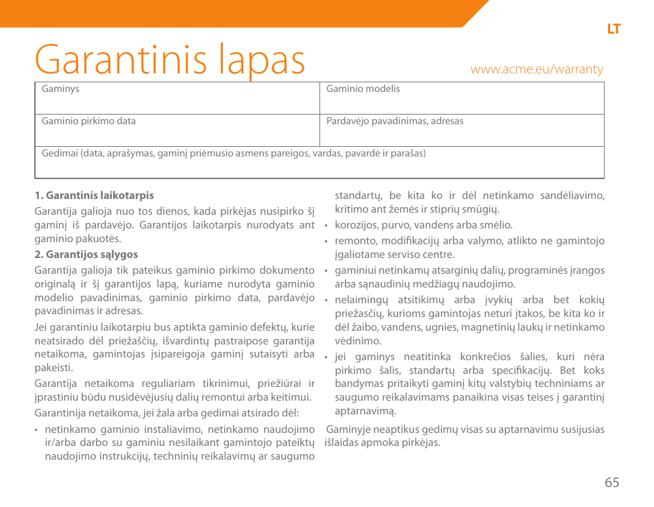 Garantinis lapas, 65 lt | Acme KA300 User Manual | Page 65 / 76