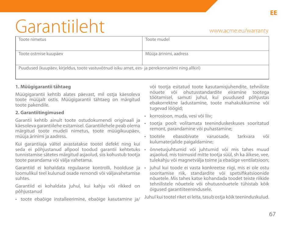 Garantiileht, 67 ee | Acme KA300 User Manual | Page 67 / 76
