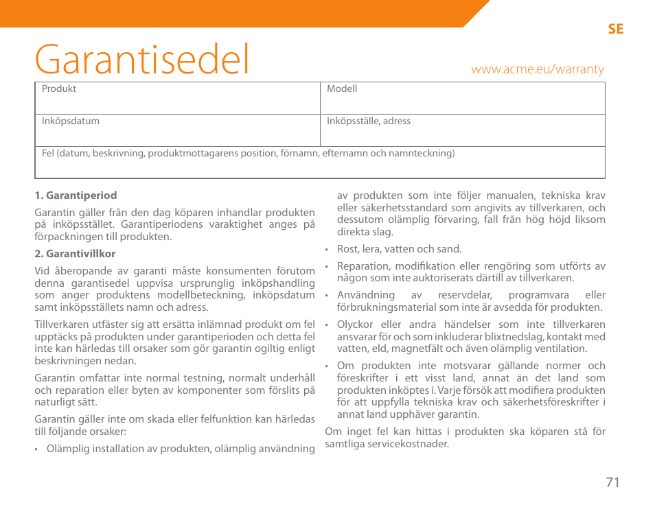 Garantisedel, 71 se | Acme KA300 User Manual | Page 71 / 76