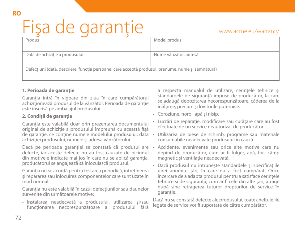 Fişa de garanţie | Acme KA300 User Manual | Page 72 / 76