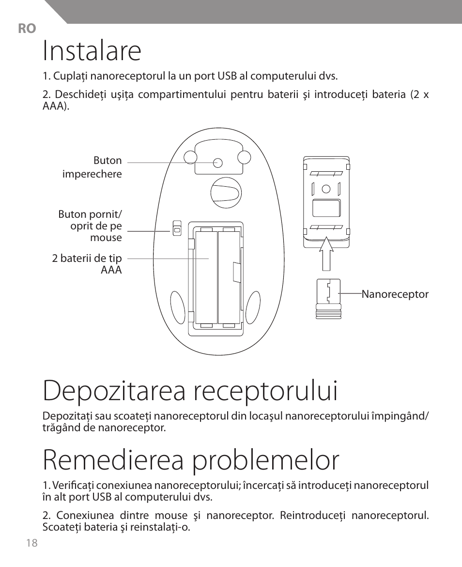 Instalare, Depozitarea receptorului, Remedierea problemelor | Acme MW09 User Manual | Page 18 / 42