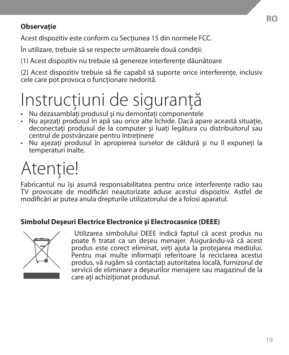 Instrucţiuni de siguranţă, Atenţie | Acme MW09 User Manual | Page 19 / 42