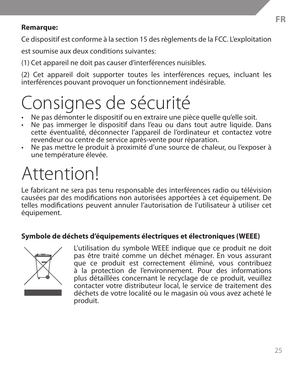 Consignes de sécurité, Attention | Acme MW09 User Manual | Page 25 / 42