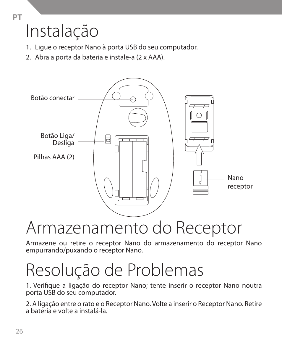 Instalação, Armazenamento do receptor, Resolução de problemas | Acme MW09 User Manual | Page 26 / 42