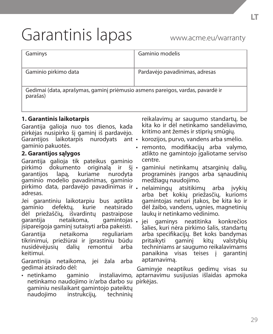 Garantinis lapas | Acme MW09 User Manual | Page 29 / 42