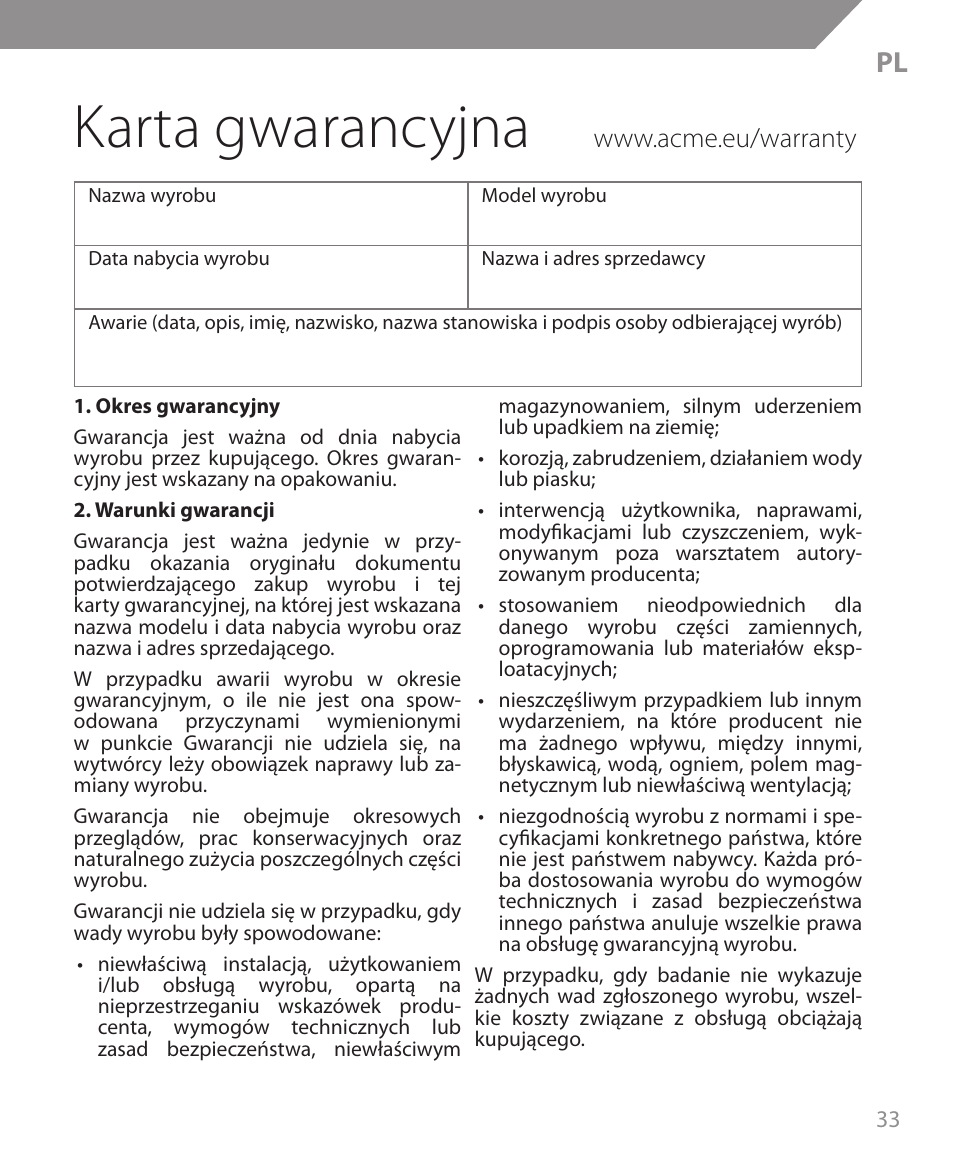 Karta gwarancyjna | Acme MW09 User Manual | Page 33 / 42