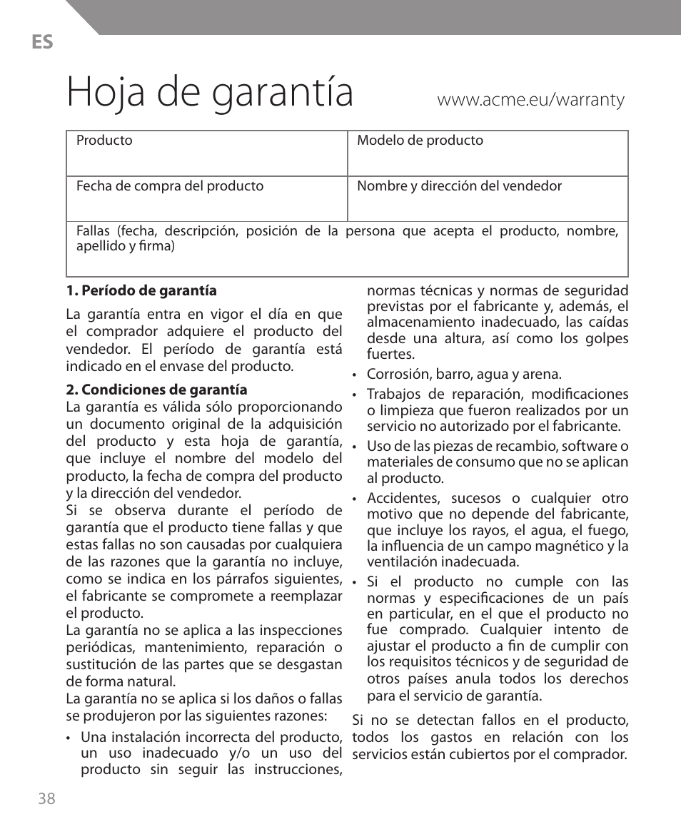 Hoja de garantía | Acme MW09 User Manual | Page 38 / 42