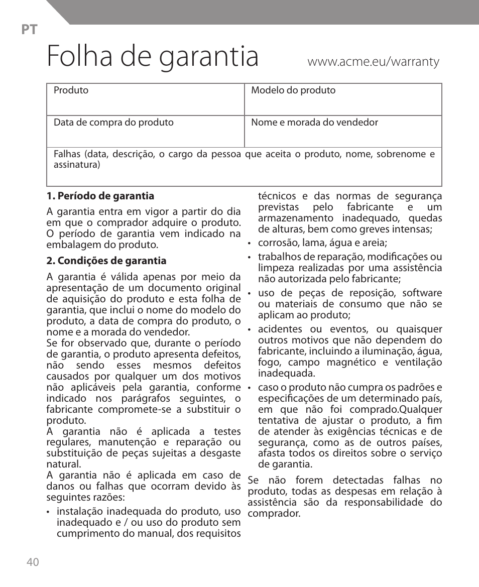 Folha de garantia | Acme MW09 User Manual | Page 40 / 42