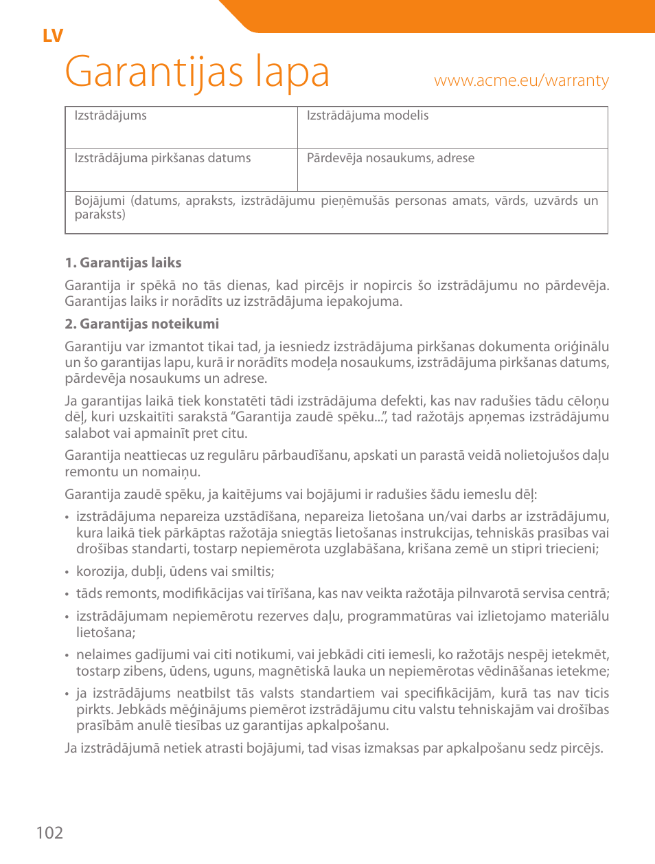 Garantijas lapa | Acme PLB102B User Manual | Page 102 / 114
