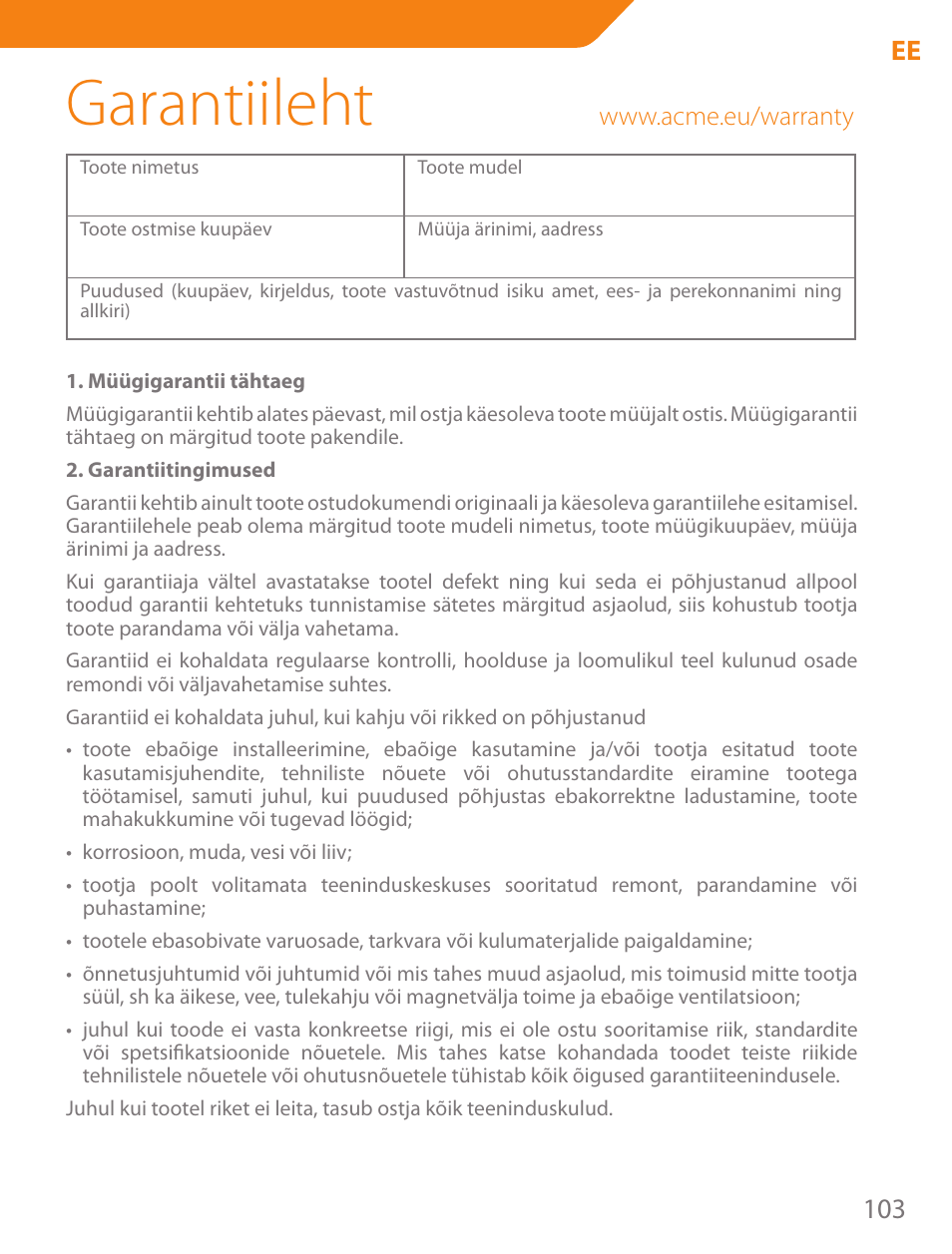 Garantiileht, 103 ee | Acme PLB102B User Manual | Page 103 / 114