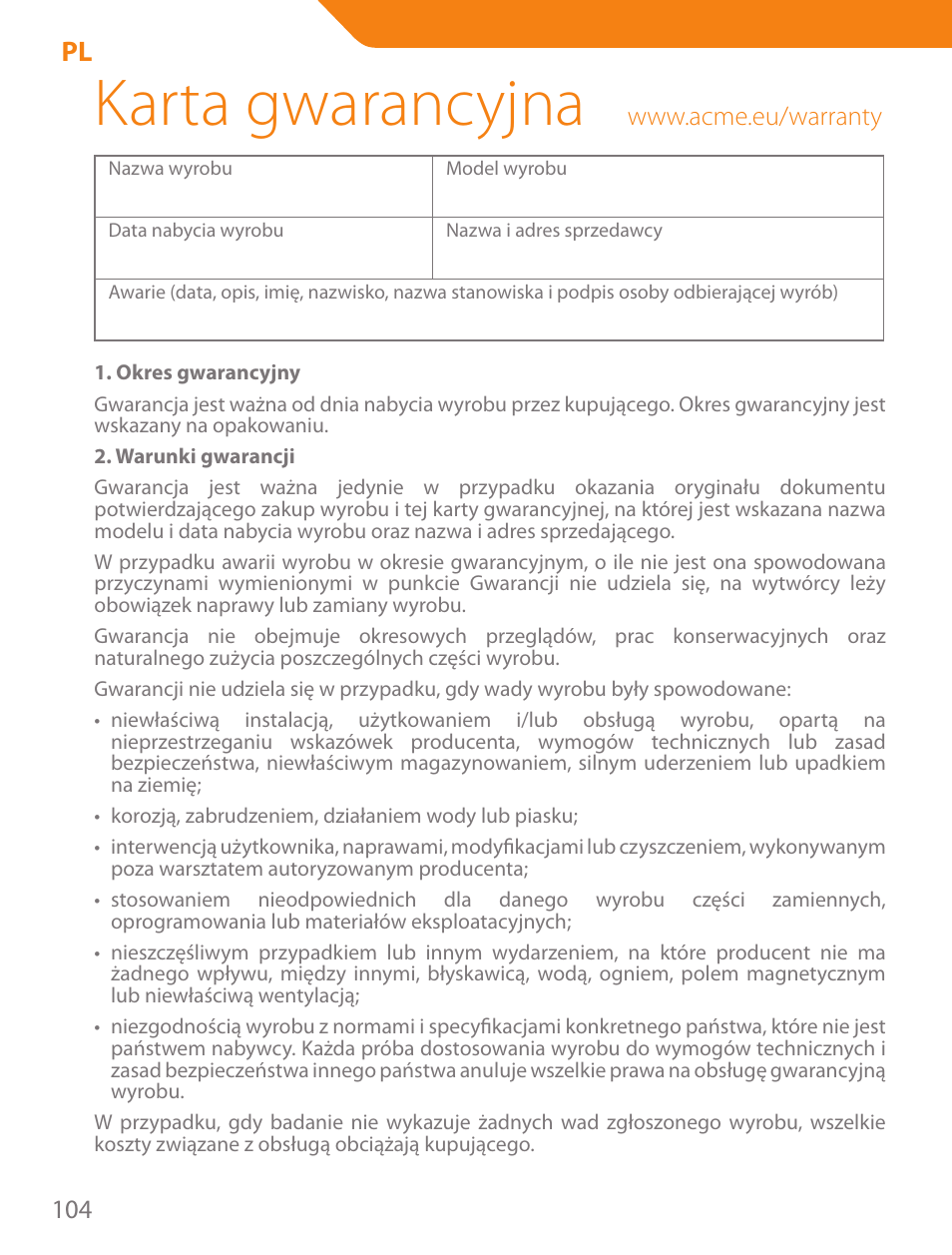 Karta gwarancyjna | Acme PLB102B User Manual | Page 104 / 114