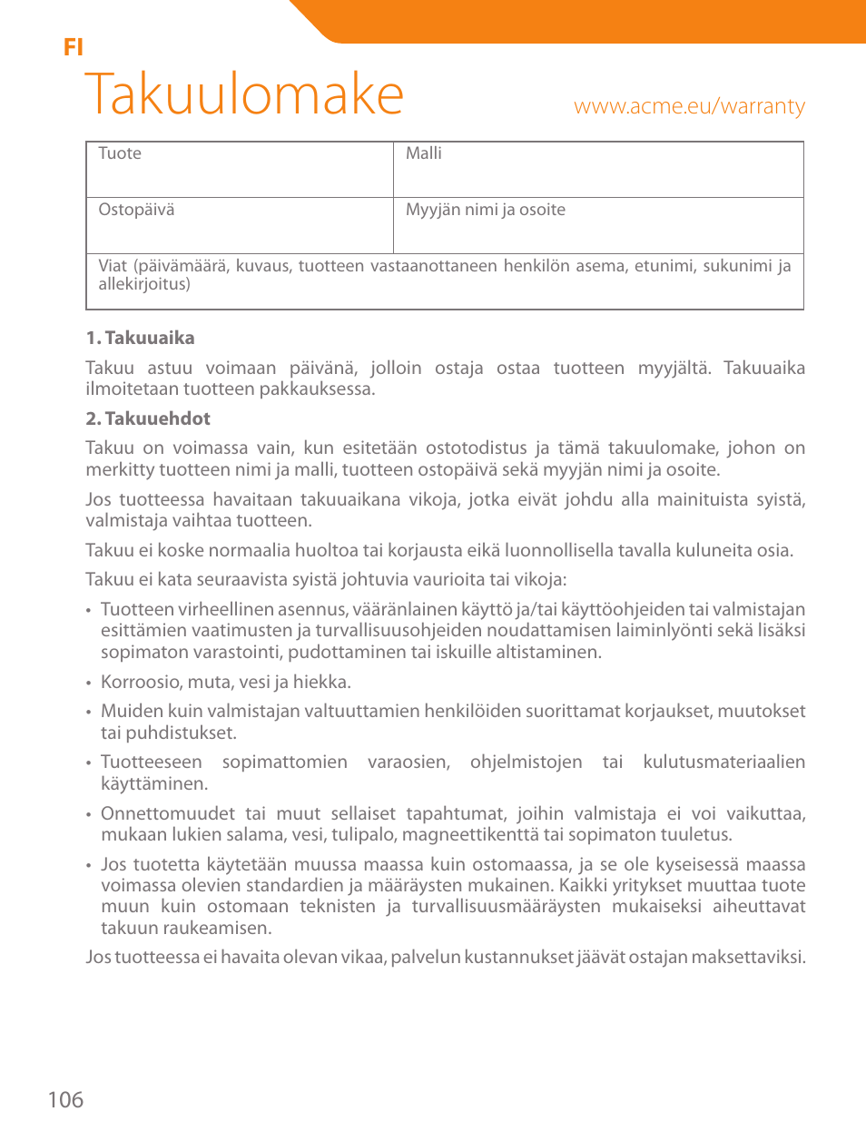 Takuulomake | Acme PLB102B User Manual | Page 106 / 114