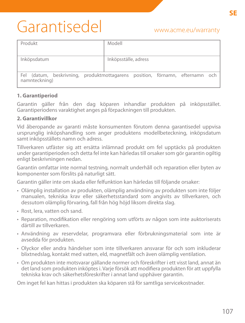 Garantisedel, 107 se | Acme PLB102B User Manual | Page 107 / 114