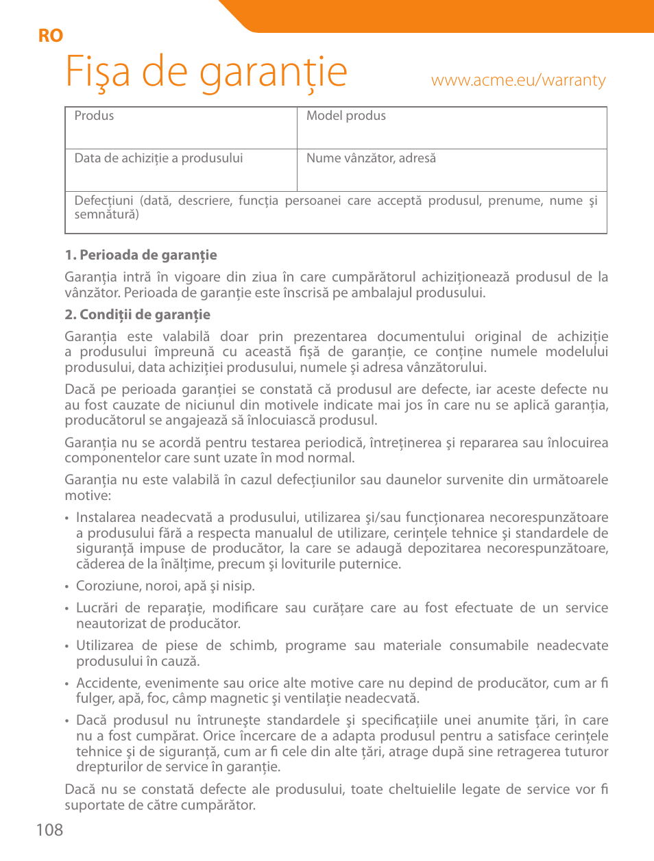 Fişa de garanţie | Acme PLB102B User Manual | Page 108 / 114