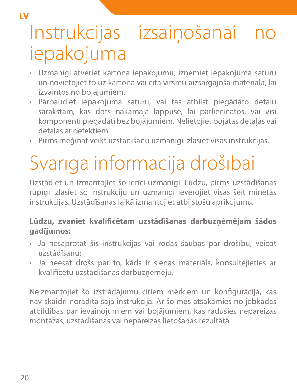 Instrukcijas izsaiņošanai no iepakojuma, Svarīga informācija drošībai | Acme PLB102B User Manual | Page 20 / 114