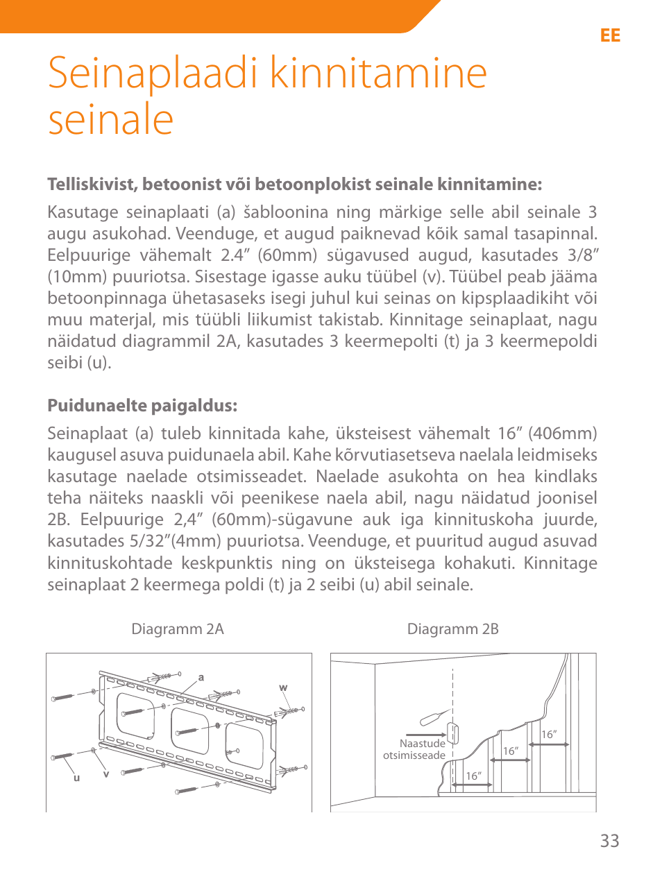 Seinaplaadi kinnitamine seinale | Acme PLB102B User Manual | Page 33 / 114