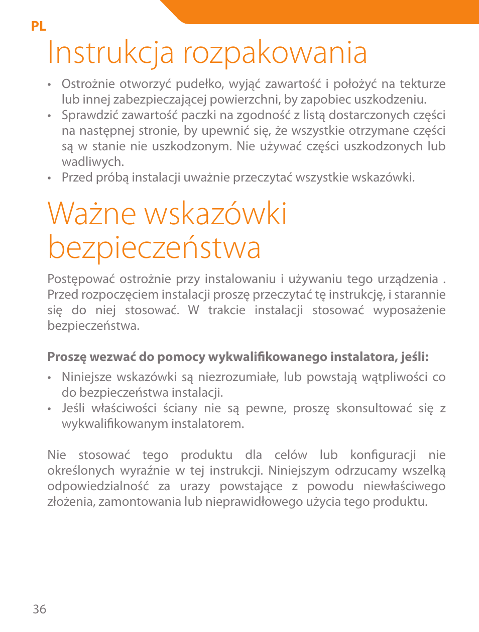 Instrukcja rozpakowania, Ważne wskazówki bezpieczeństwa | Acme PLB102B User Manual | Page 36 / 114