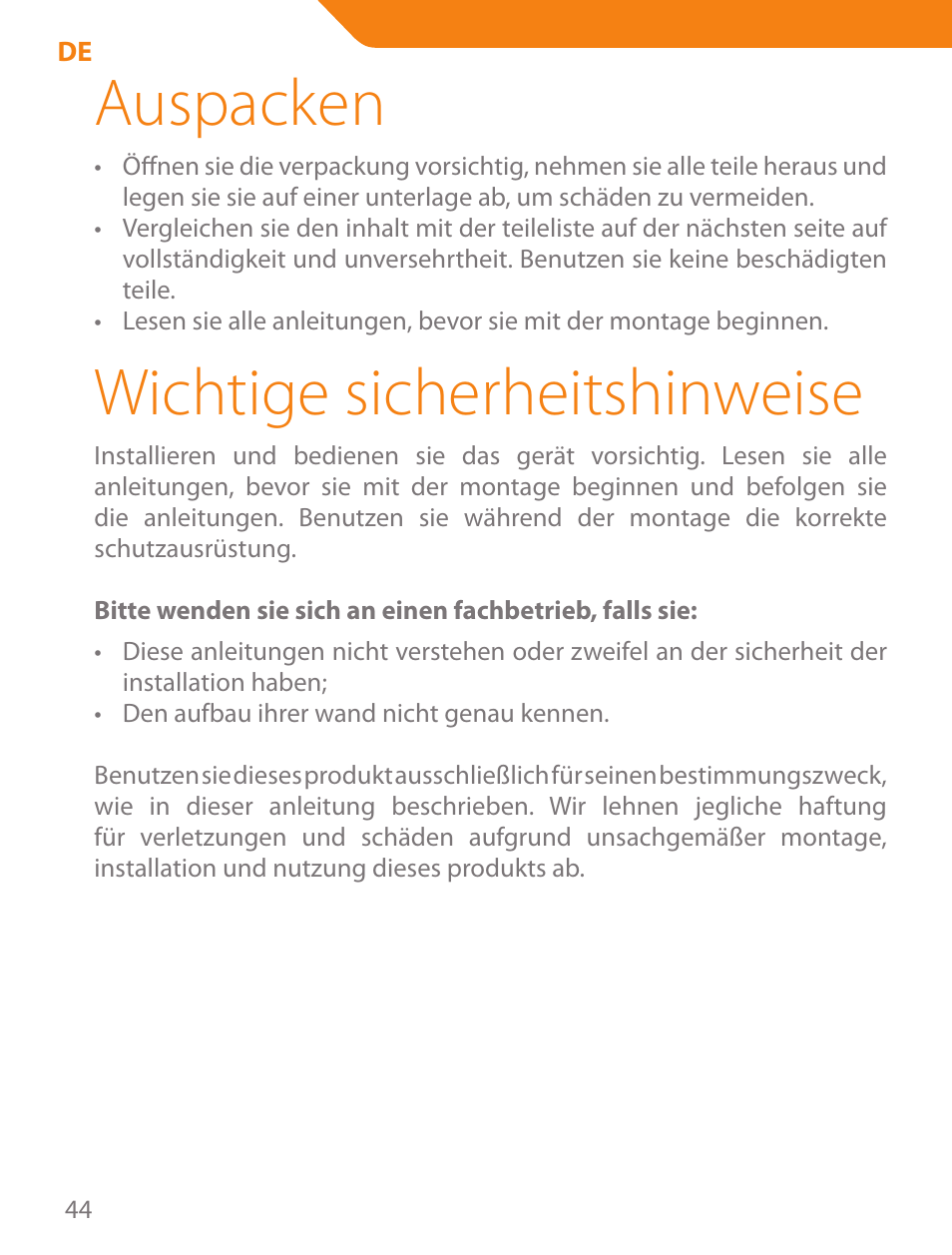 Auspacken, Wichtige sicherheitshinweise | Acme PLB102B User Manual | Page 44 / 114