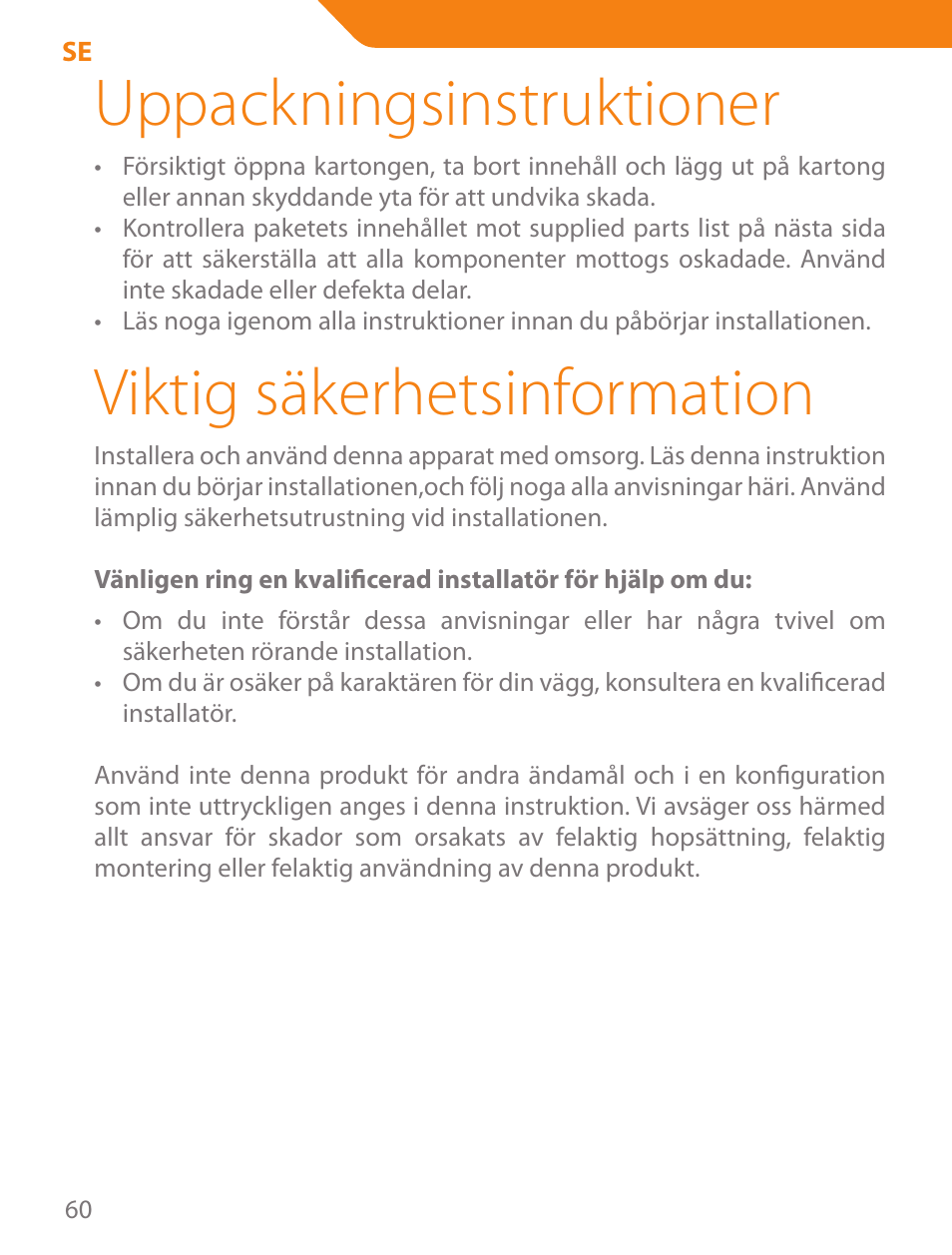 Uppackningsinstruktioner, Viktig säkerhetsinformation | Acme PLB102B User Manual | Page 60 / 114