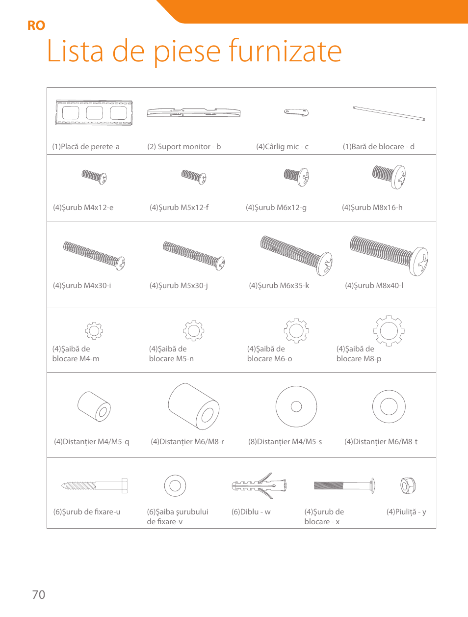 Lista de piese furnizate | Acme PLB102B User Manual | Page 70 / 114