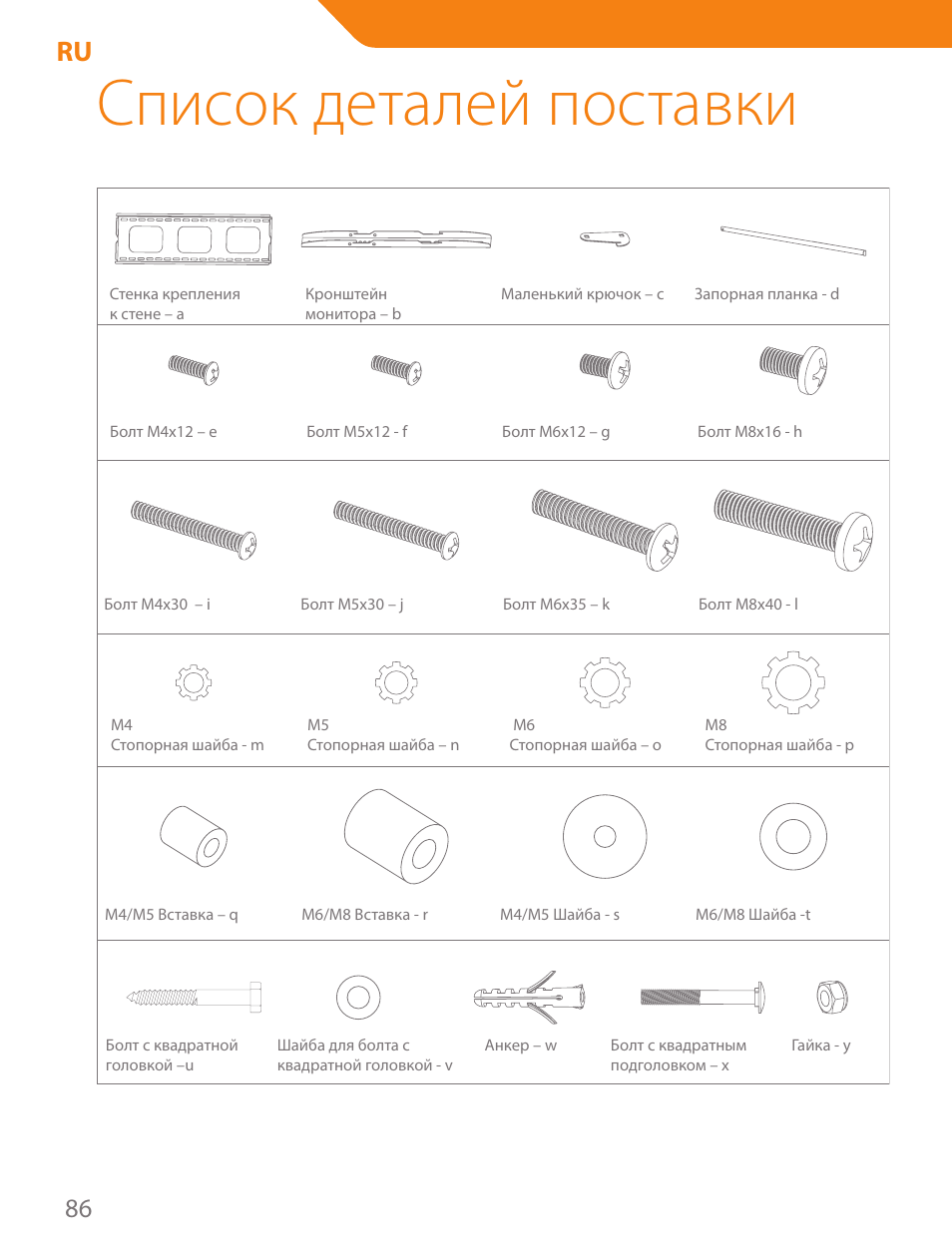 Список деталей поставки | Acme PLB102B User Manual | Page 86 / 114