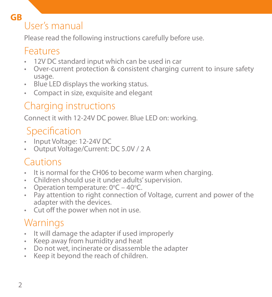 User’s manual, Features, Charging instructions | Specification, Cautions, Warnings | Acme CH06 User Manual | Page 2 / 8