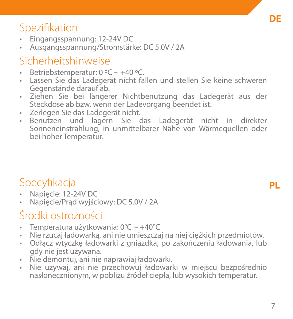 Spezifikation, Sicherheitshinweise, Specyfikacja | Środki ostrożności | Acme CH06 User Manual | Page 7 / 8