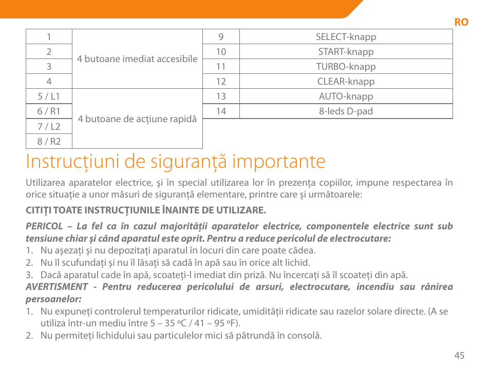 Instrucţiuni de siguranţă importante | Acme GS03 User Manual | Page 45 / 76