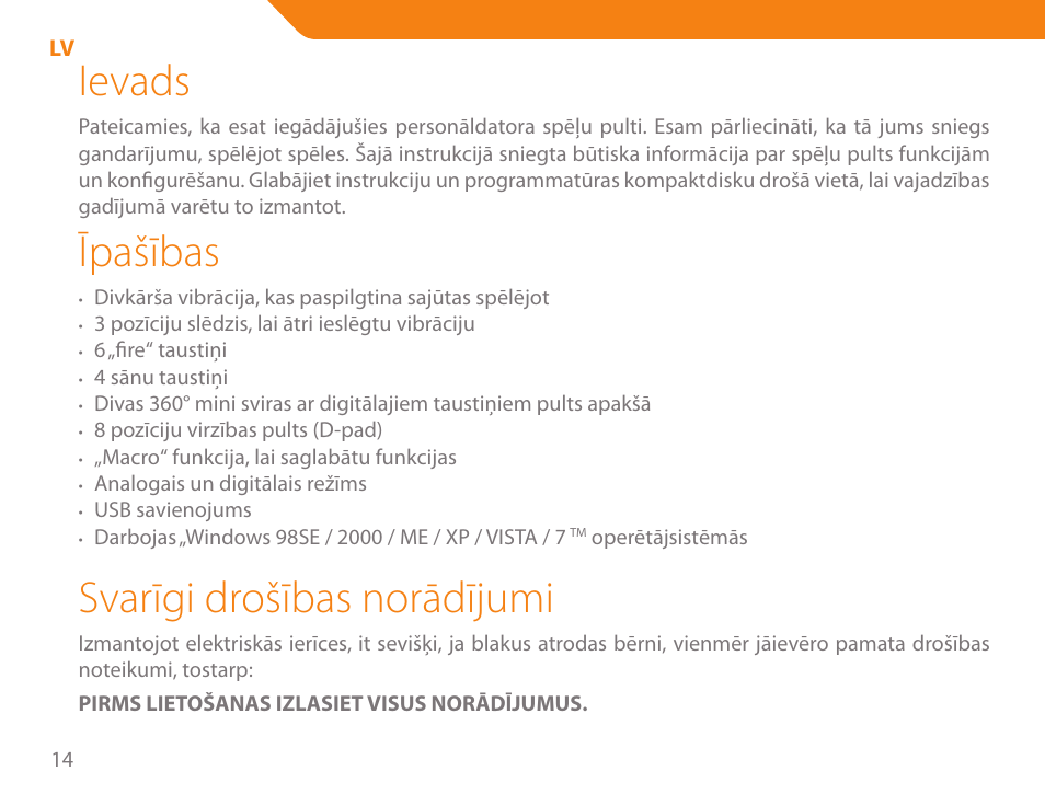 Ievads, Īpašības, Svarīgi drošības norādījumi | Acme GA03 User Manual | Page 14 / 80