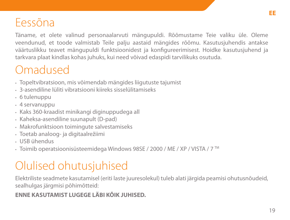 Eessõna, Omadused, Olulised ohutusjuhised | Acme GA03 User Manual | Page 19 / 80