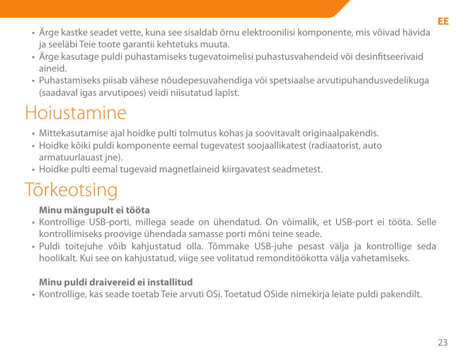 Hoiustamine, Tõrkeotsing | Acme GA03 User Manual | Page 23 / 80